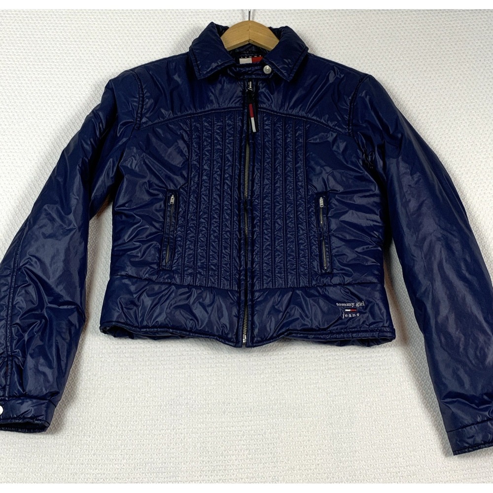 Vintage Tommy Hilfiger Navy Blue Puffer Jacket Size Medium Jrs Y2K 90s Cropped